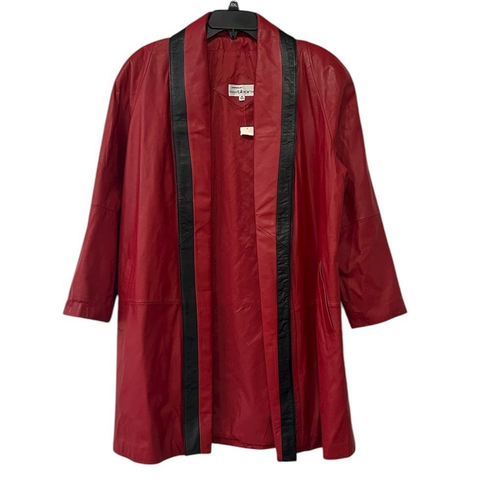Vintage Tibor Leather Coat Trench Medium Red Black Open Front Butter Soft 1980’s